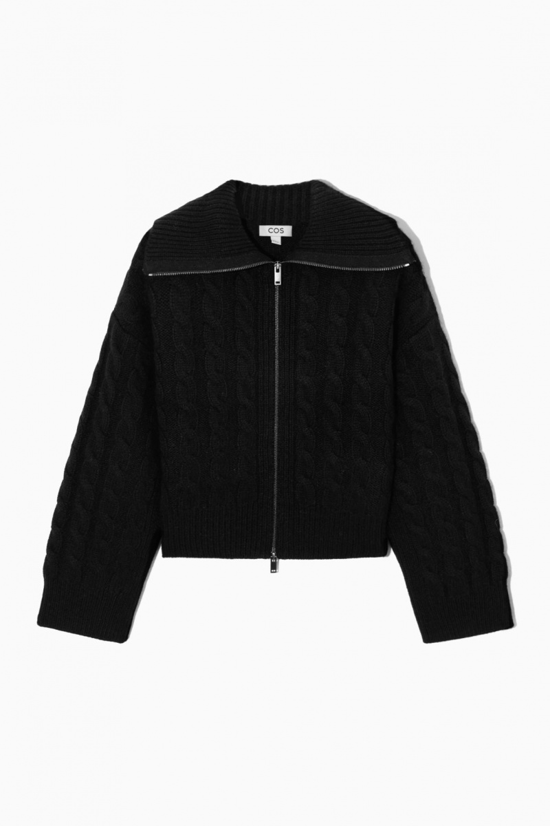 Women's COS Cable-Knit Wool Zip-Up Jackets Black NZ-43JNCDPTU