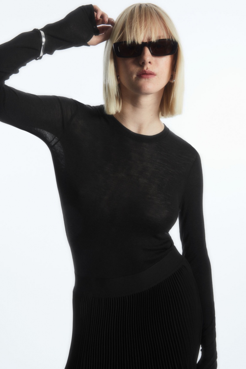 Women\'s COS Crew-Neck Merino Wool Top Sweaters Black NZ-01JEDMAZK