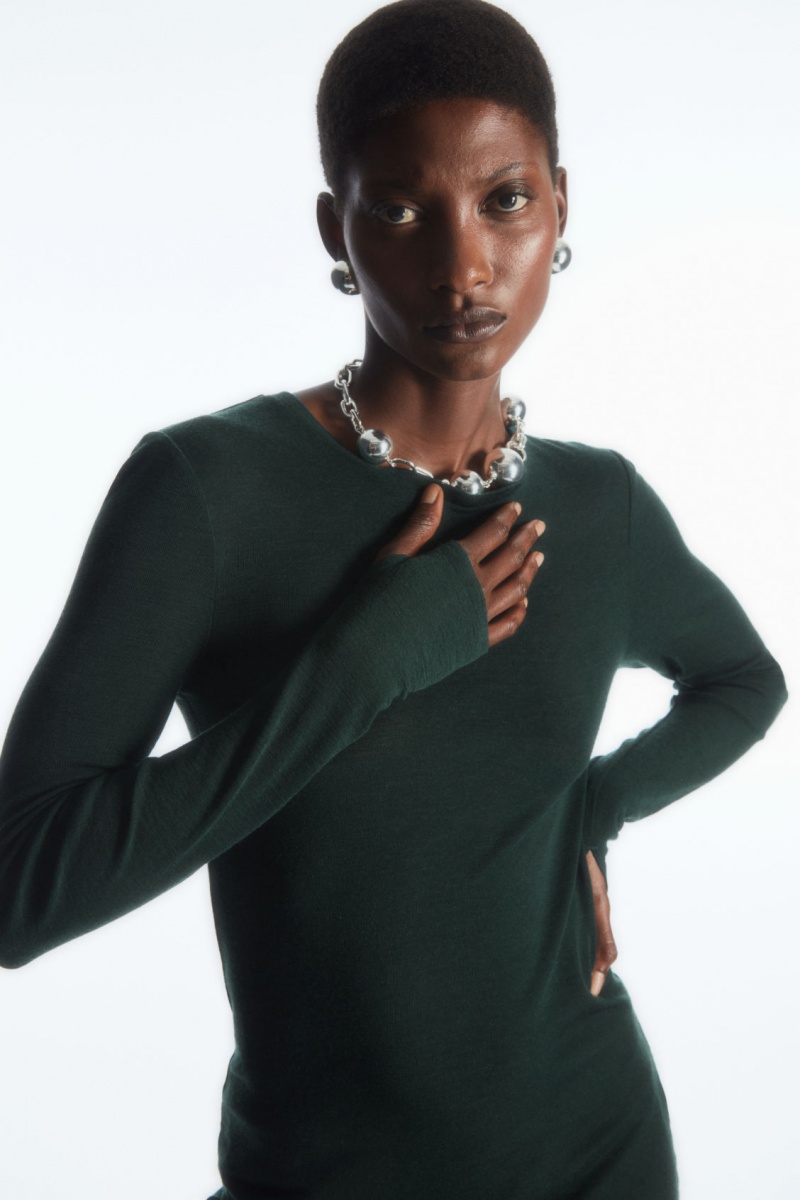Women\'s COS Crew-Neck Merino Wool Top Sweaters Dark Green NZ-39NJPBKOE