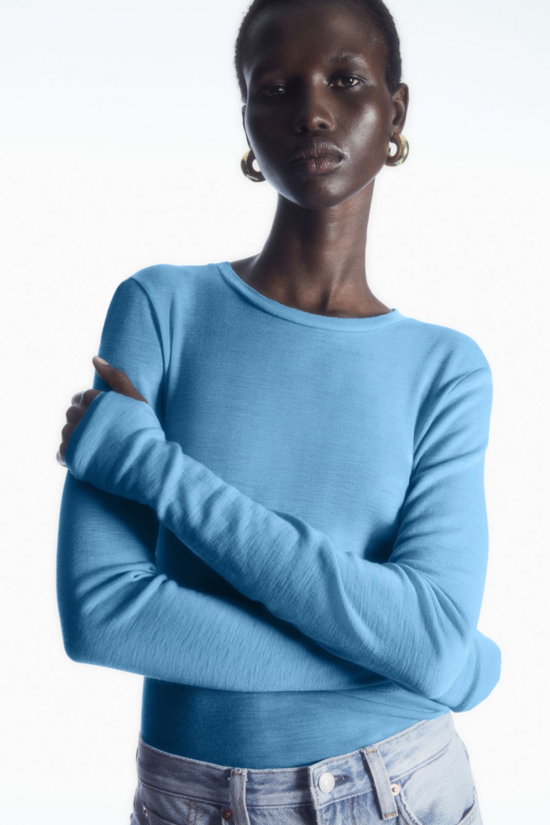 Women\'s COS Crew-Neck Merino Wool Top Sweaters Light Blue NZ-40NQSJPLB