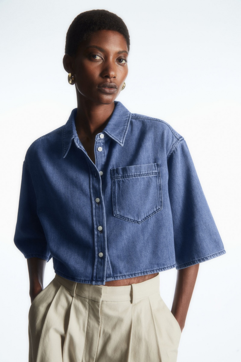 Women\'s COS Cropped Denim Shirts Blue NZ-57OBXAUZF