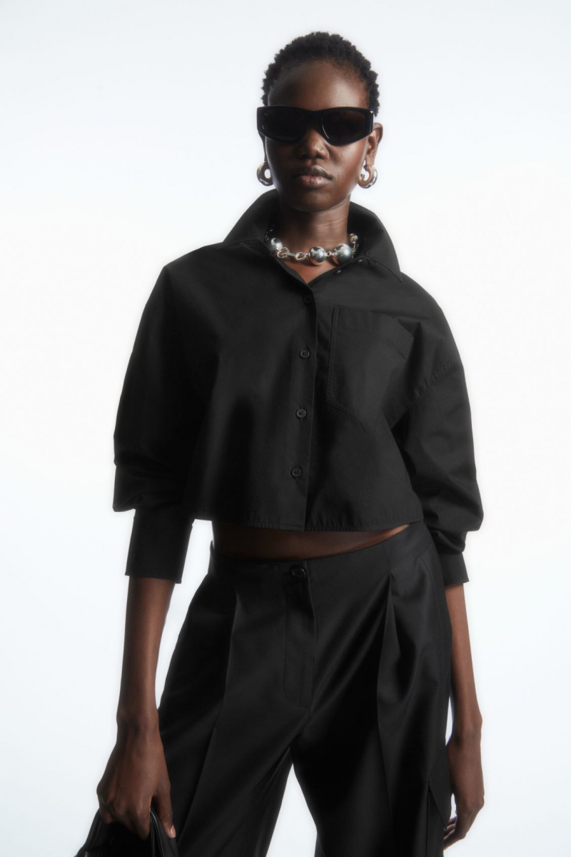 Women\'s COS Cropped Poplin Shirts Black NZ-39MXOQVZA