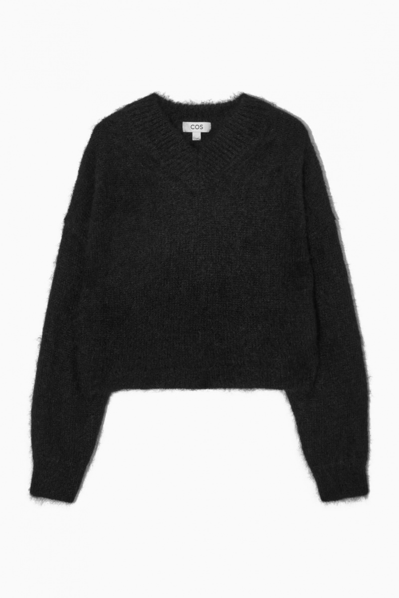 Women's COS Cropped V-Neck Mohair Sweaters Black NZ-48JNKMFZW