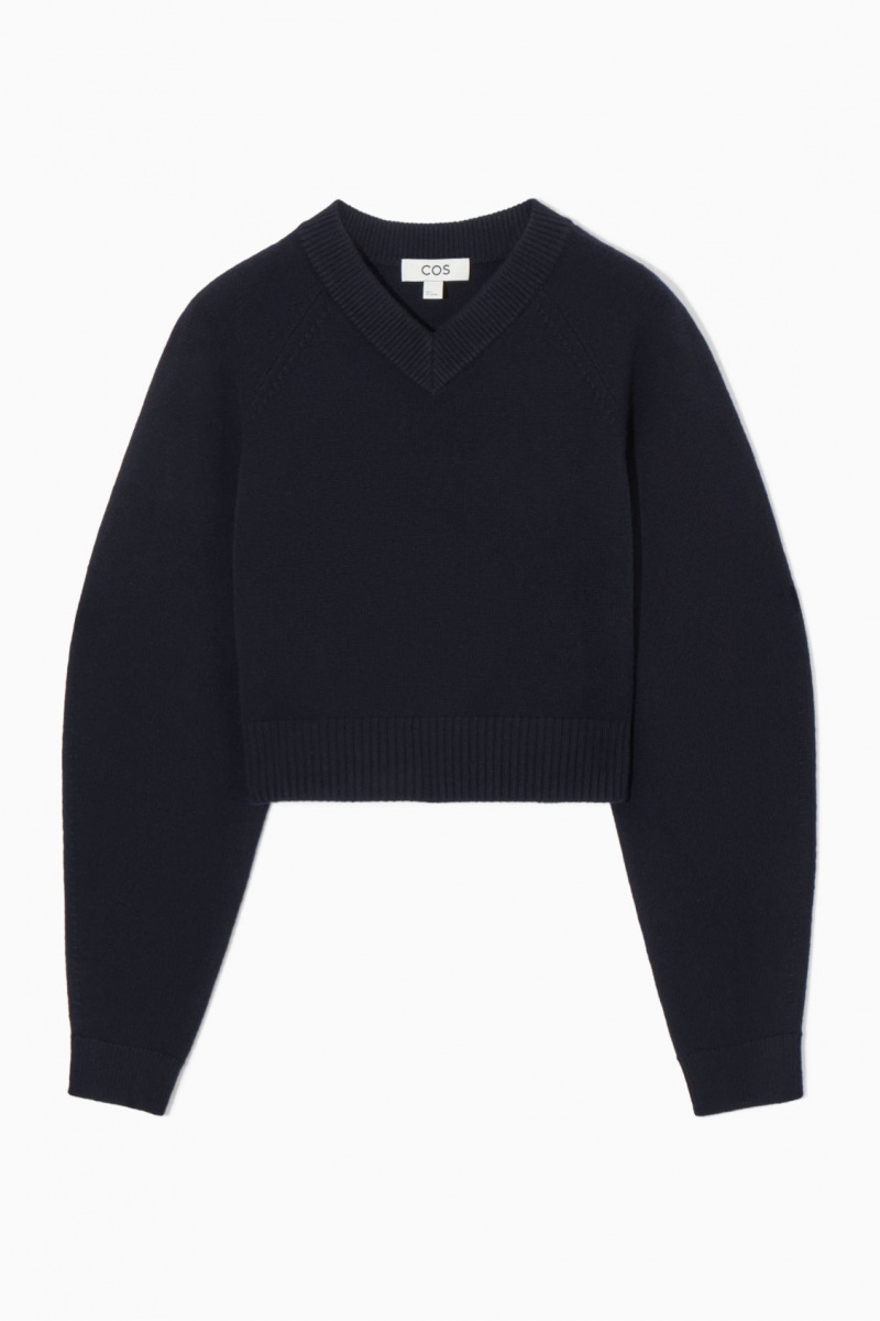 Women's COS Cropped V-Neck Wool Sweaters Navy NZ-85VSBNKGQ