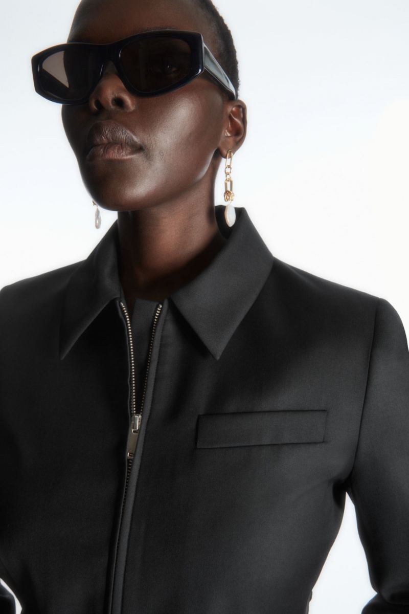 Women's COS Cropped Wool-Blend Tailored Jackets Black NZ-96QUTOAWY