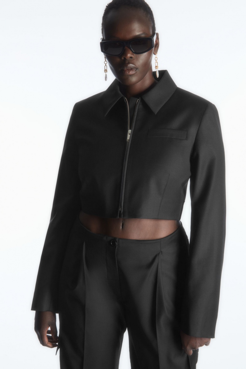Women\'s COS Cropped Wool-Blend Tailored Jackets Black NZ-96QUTOAWY