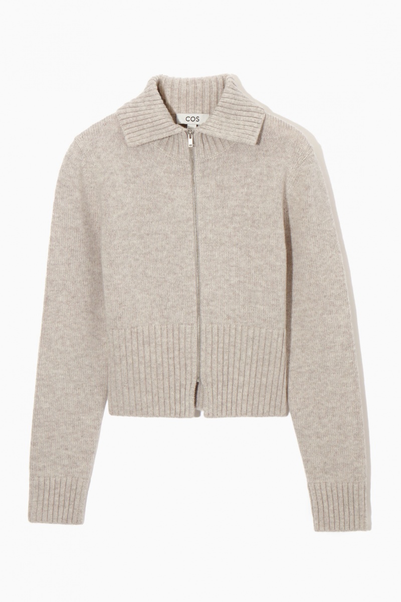 Women's COS Cropped Wool Zip-Up Cardigan Beige NZ-74JTWNXGL