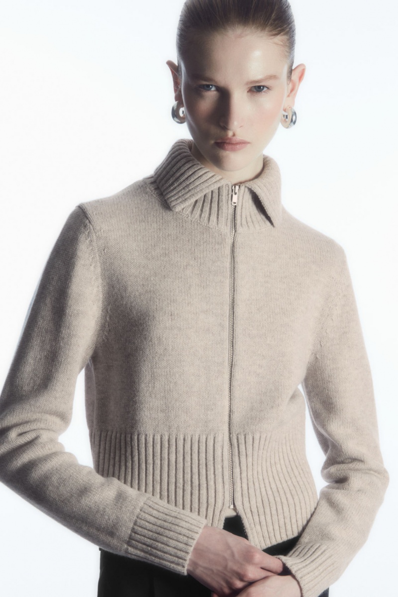 Women\'s COS Cropped Wool Zip-Up Cardigan Beige NZ-74JTWNXGL