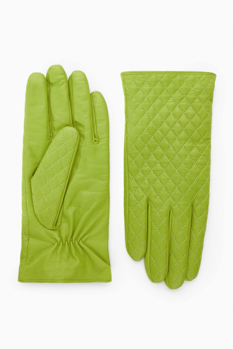 Women's COS Diamond-Quilted Leather Gloves Green NZ-36AILGSOF