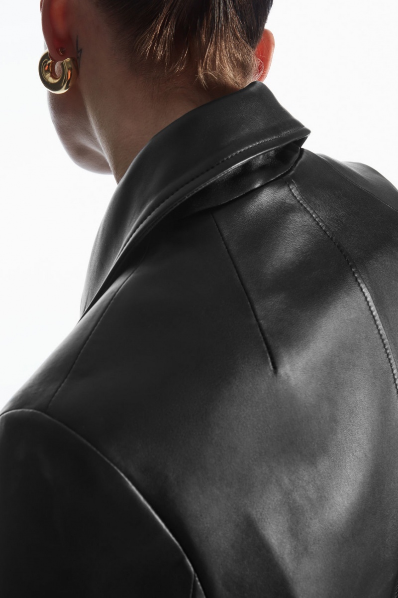 Women's COS Double-Breasted Leather Jackets Black NZ-51CXMBAZI