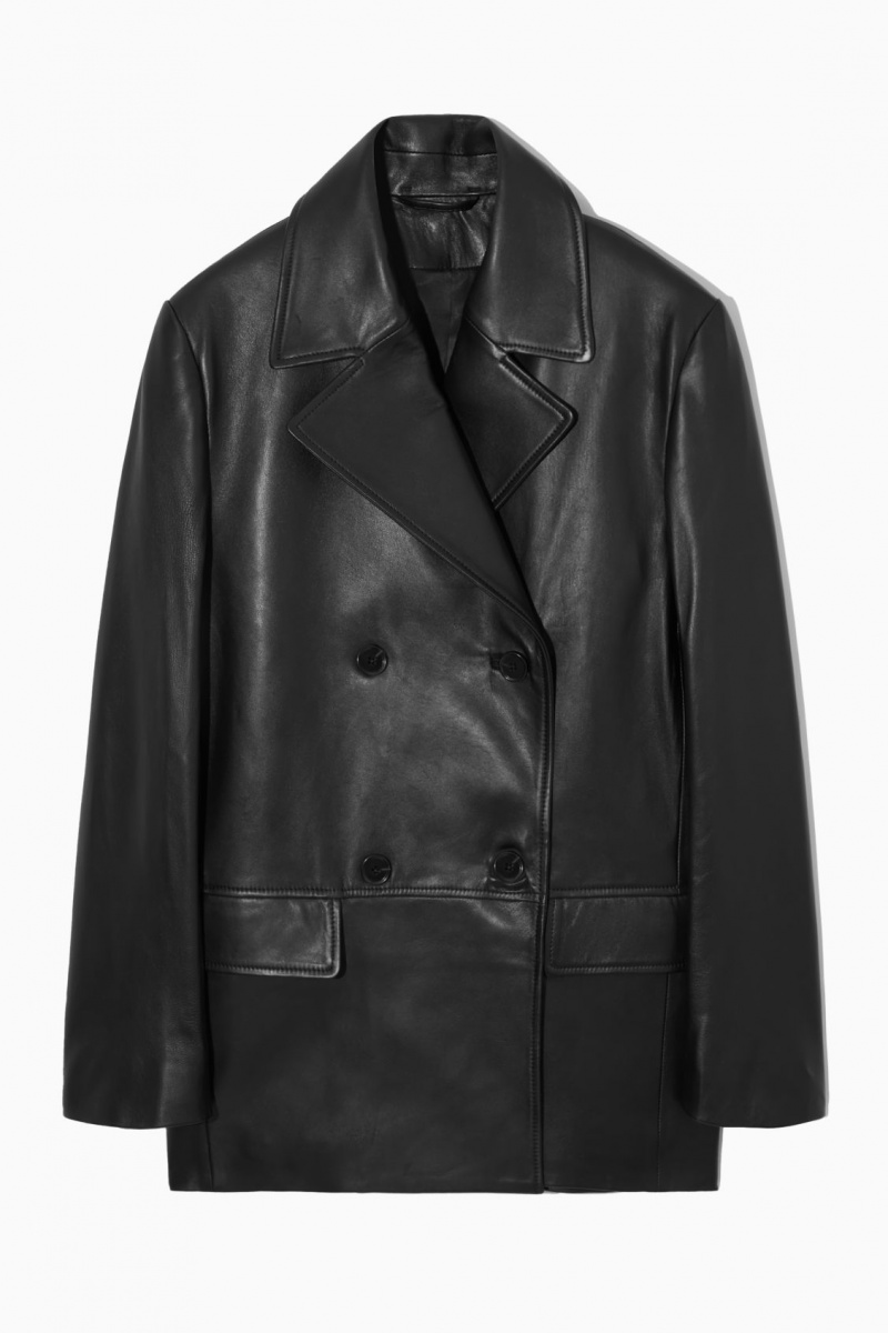 Women's COS Double-Breasted Leather Jackets Black NZ-51CXMBAZI