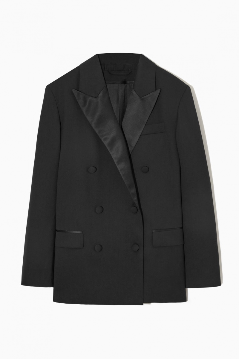 Women\'s COS Double-Breasted Satin-Trimmed Wool Blazer Black NZ-58MHGFSOB