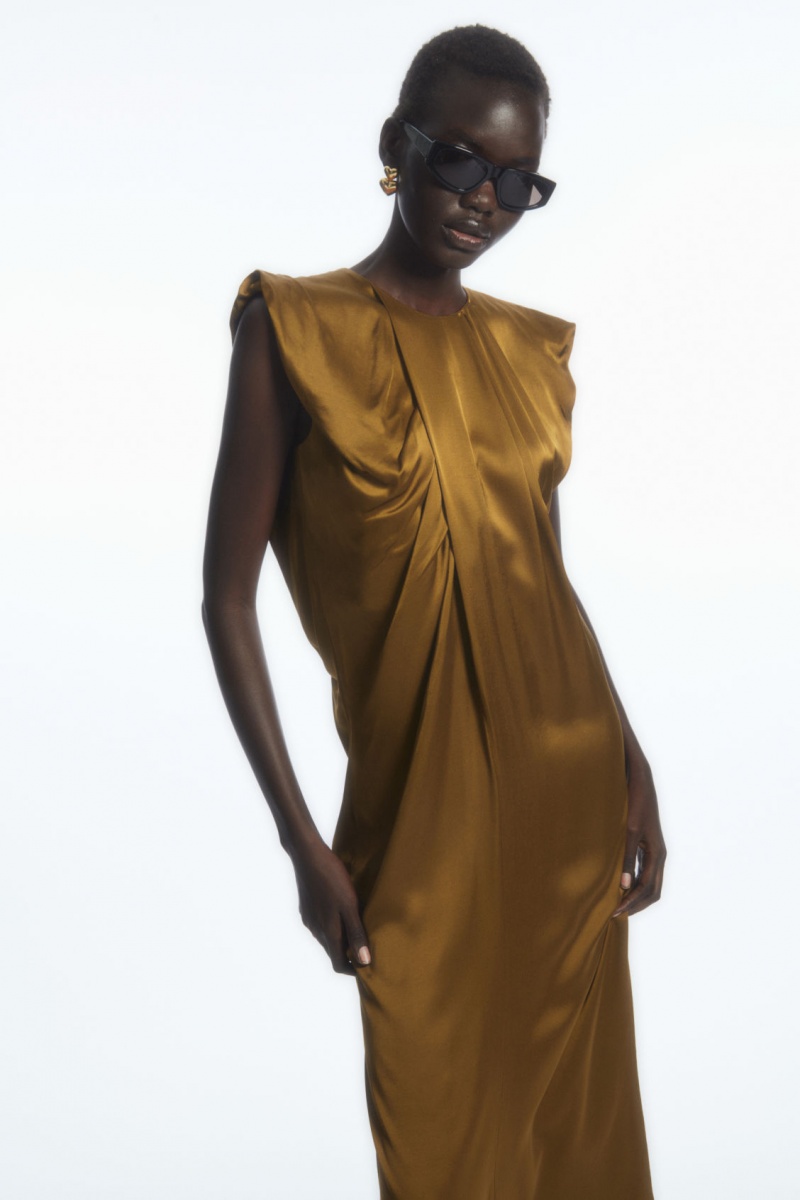 Women's COS Draped Cap-Sleeve Midi Dress Brown NZ-64VIJOTSC
