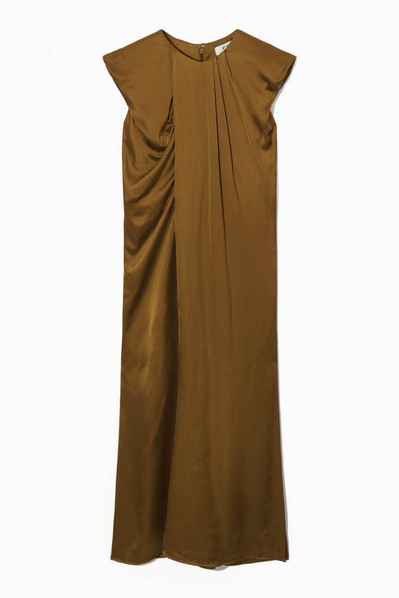 Women's COS Draped Cap-Sleeve Midi Dress Brown NZ-64VIJOTSC