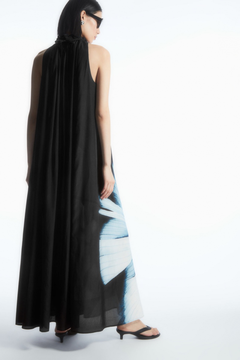 Women's COS Floral-Print Silk-Blend Maxi Dress Black NZ-23IFRQLGN