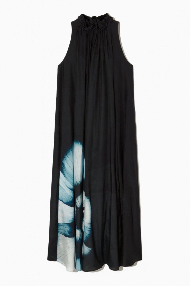 Women's COS Floral-Print Silk-Blend Maxi Dress Black NZ-23IFRQLGN