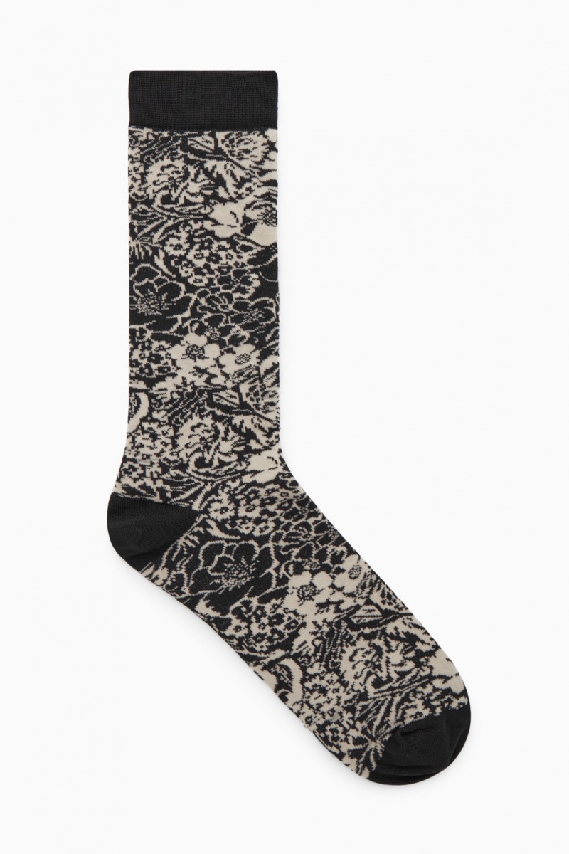 Women's COS Floral Jacquard-Knit Socks Black / Cream NZ-06YKEVXCQ