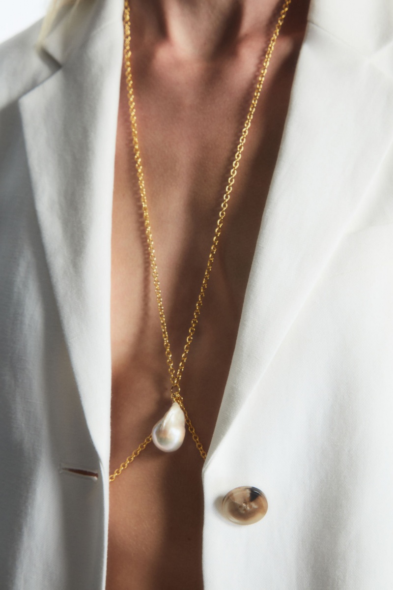 Women's COS Freshwater Pearl Body Chain Necklace Gold NZ-10HXIQENF
