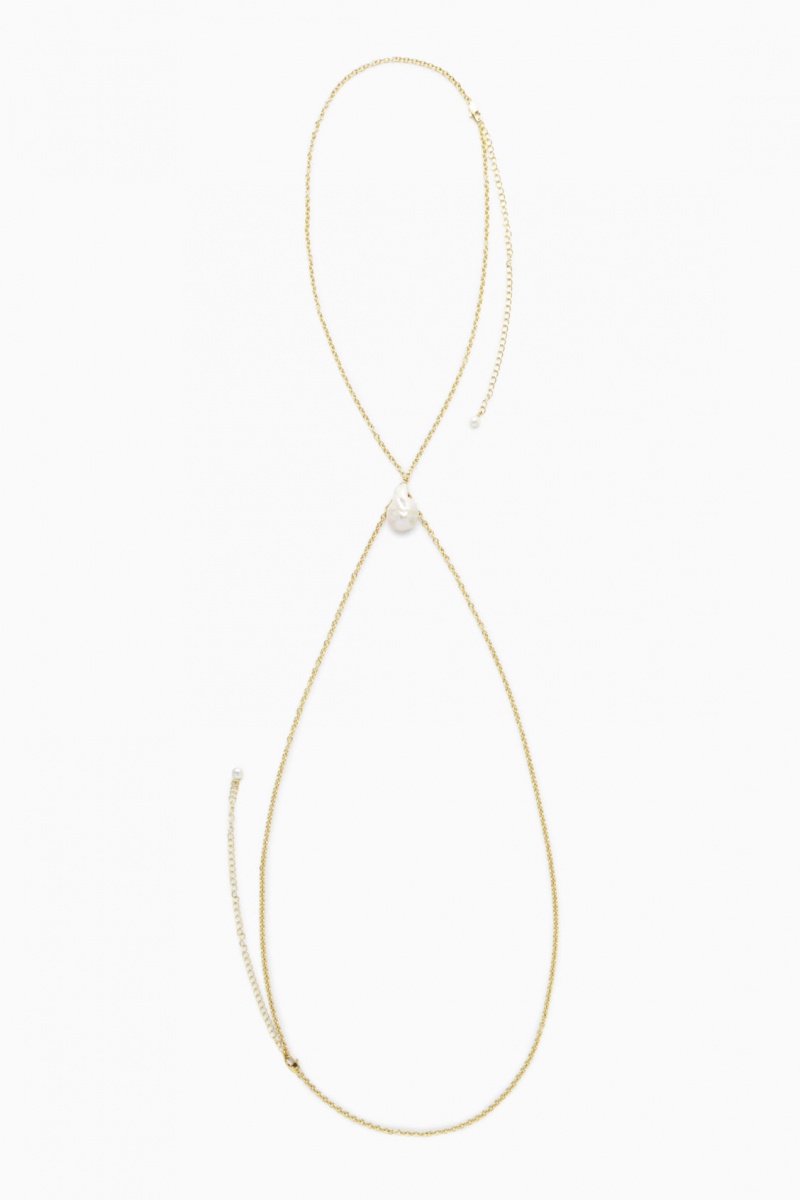 Women's COS Freshwater Pearl Body Chain Necklace Gold NZ-10HXIQENF