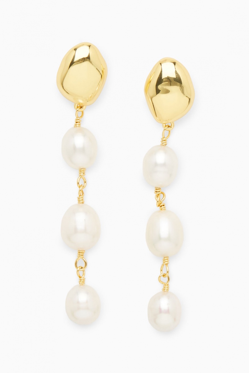 Women's COS Freshwater Pearl Dangly Earrings Gold NZ-15ORSKNXD