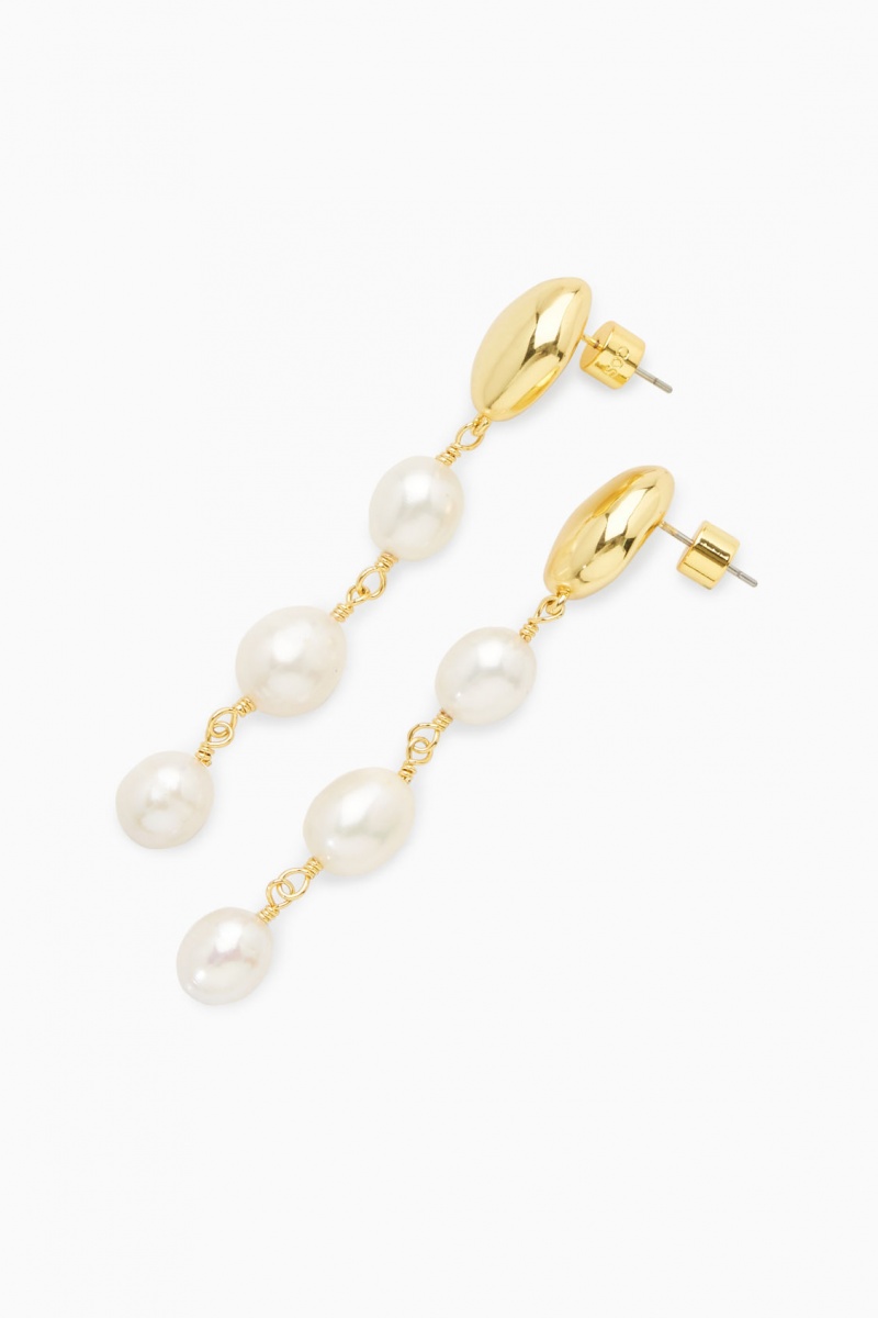 Women's COS Freshwater Pearl Dangly Earrings Gold NZ-15ORSKNXD