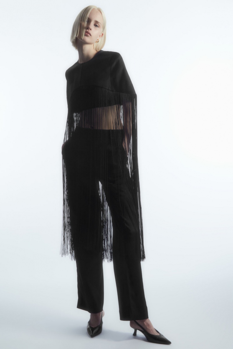 Women's COS Fringed Cape Tops Black NZ-74BUWVYMI