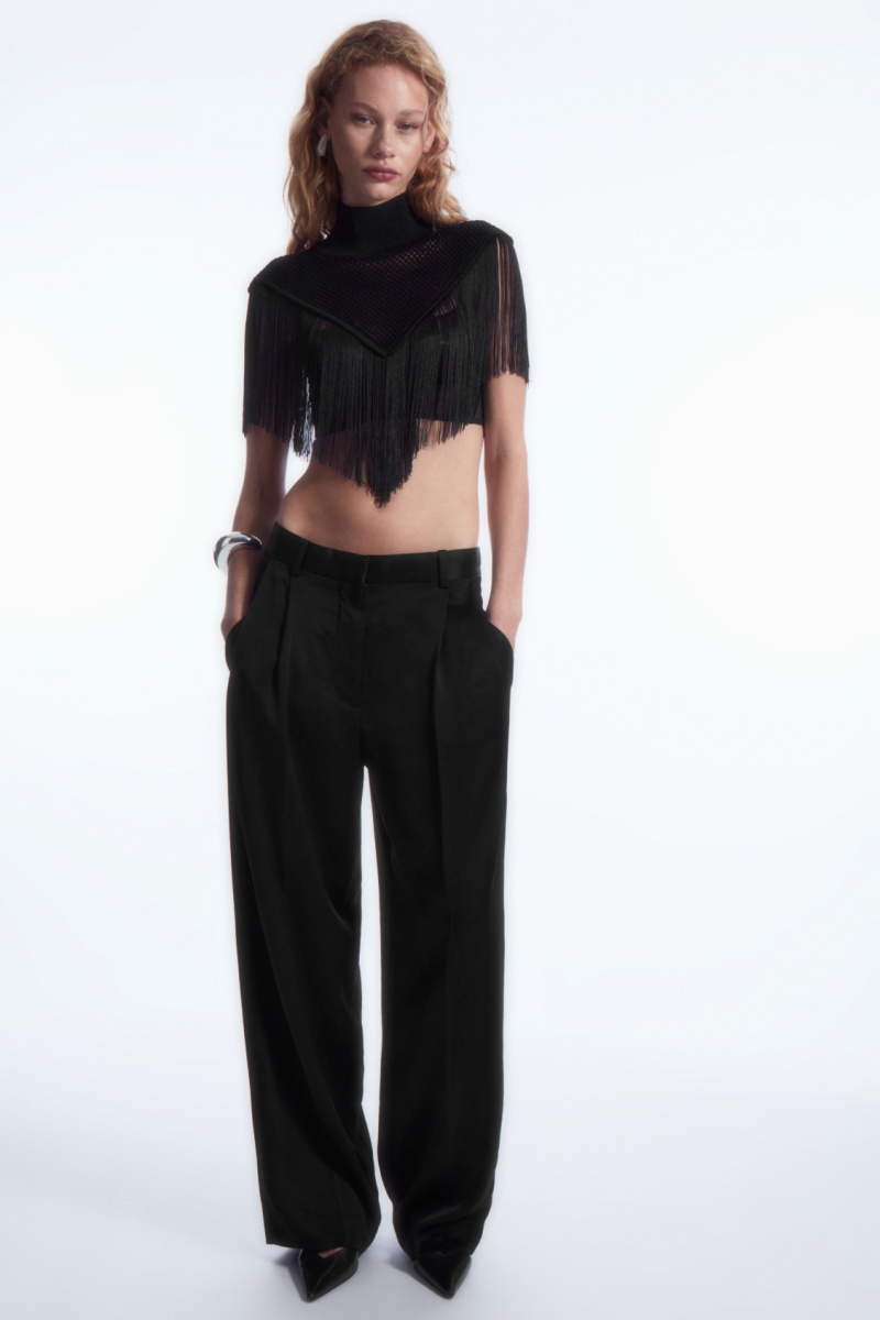 Women's COS Fringed Open-knit Cape Tops Black NZ-28ADIJWEP