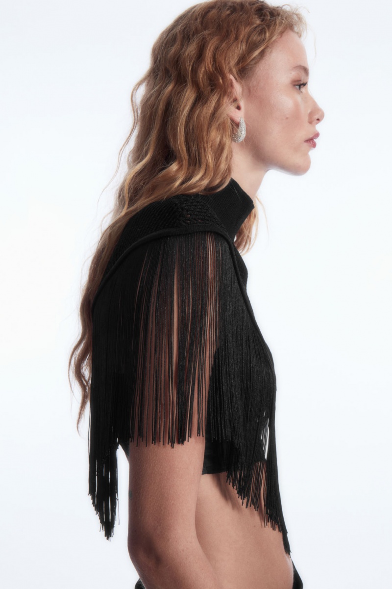 Women's COS Fringed Open-knit Cape Tops Black NZ-28ADIJWEP
