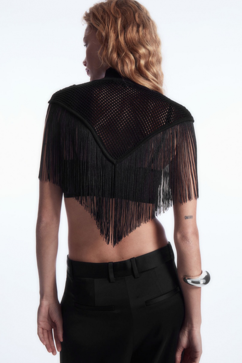 Women's COS Fringed Open-knit Cape Tops Black NZ-28ADIJWEP