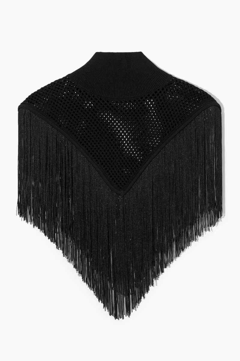 Women's COS Fringed Open-knit Cape Tops Black NZ-28ADIJWEP