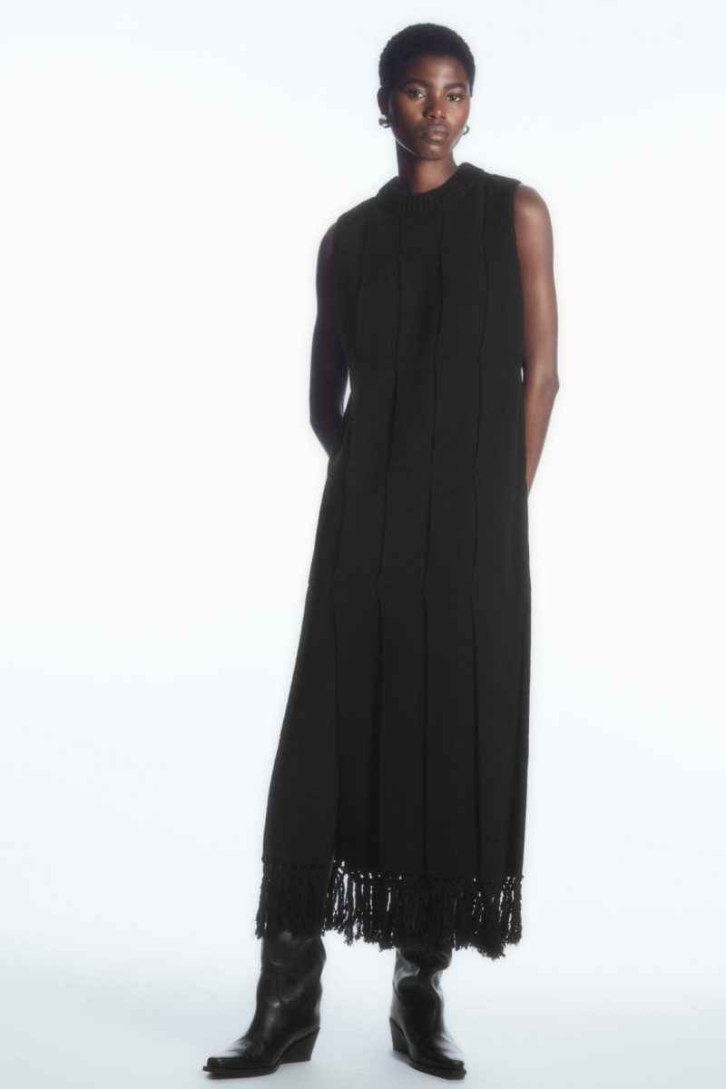 Women's COS Fringed Paneled Wool Midi Dress Black NZ-76OMLHWPX