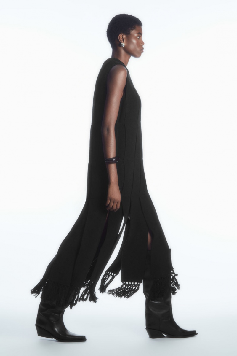 Women's COS Fringed Paneled Wool Midi Dress Black NZ-76OMLHWPX