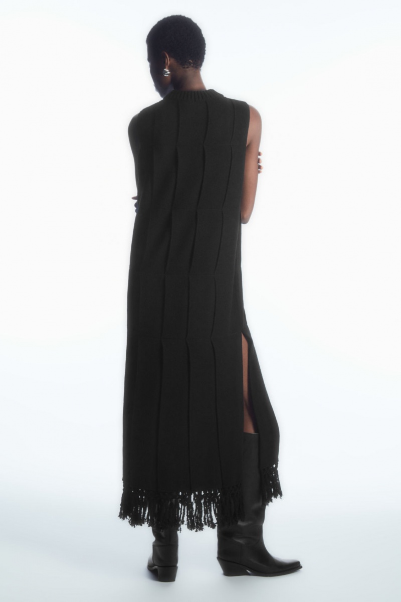 Women's COS Fringed Paneled Wool Midi Dress Black NZ-76OMLHWPX