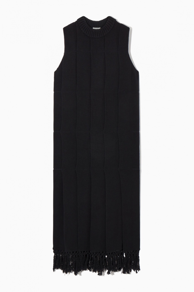 Women's COS Fringed Paneled Wool Midi Dress Black NZ-76OMLHWPX