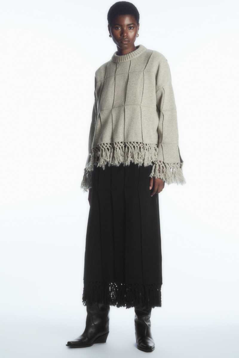 Women's COS Fringed Paneled Wool Sweaters Light Grey NZ-29XYLUJEF