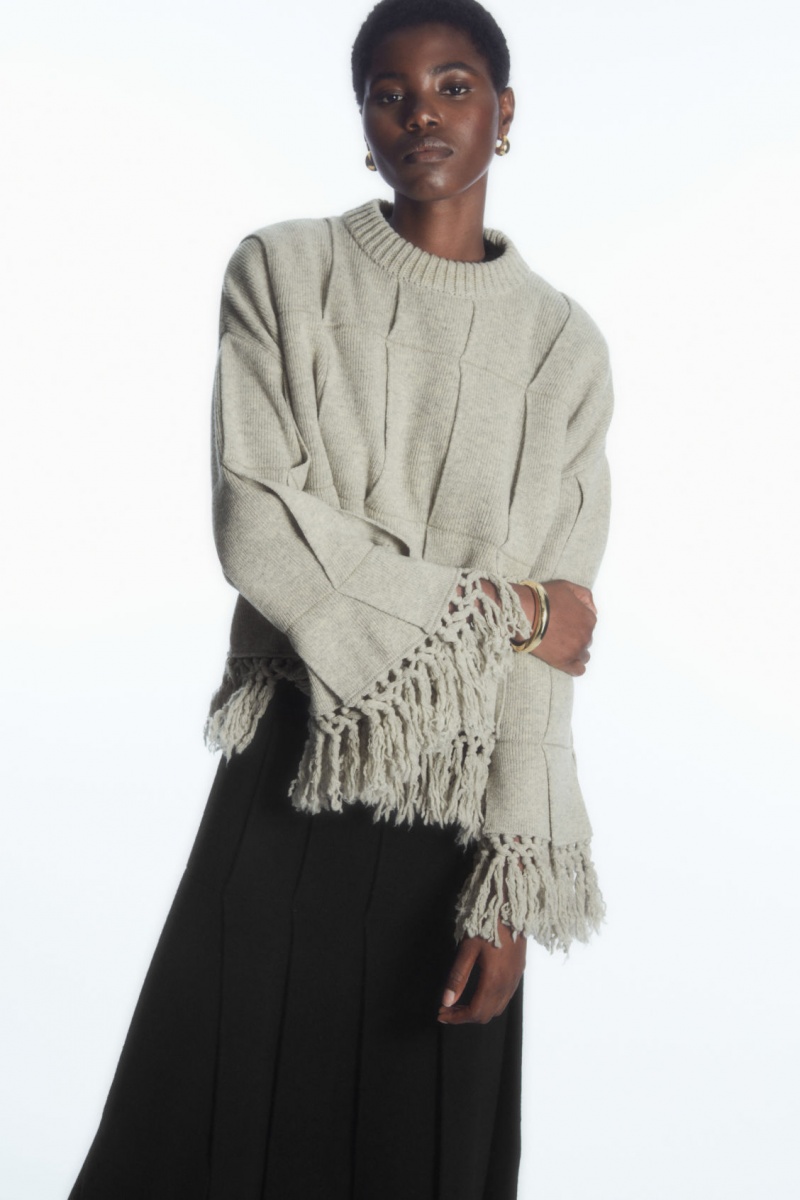 Women\'s COS Fringed Paneled Wool Sweaters Light Grey NZ-29XYLUJEF