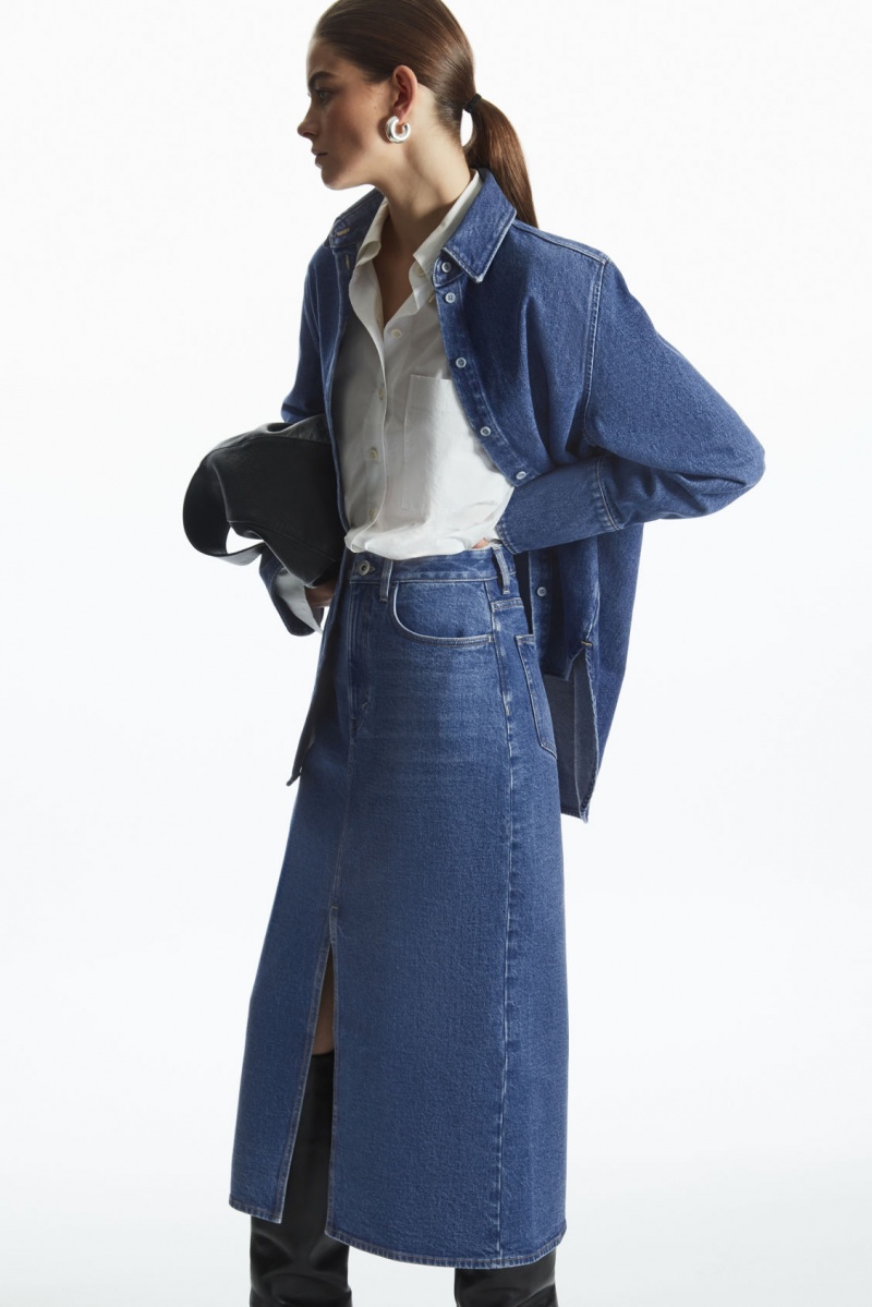 Women's COS Front-Slit Denim Midi Skirt Blue NZ-73OYRLFWJ