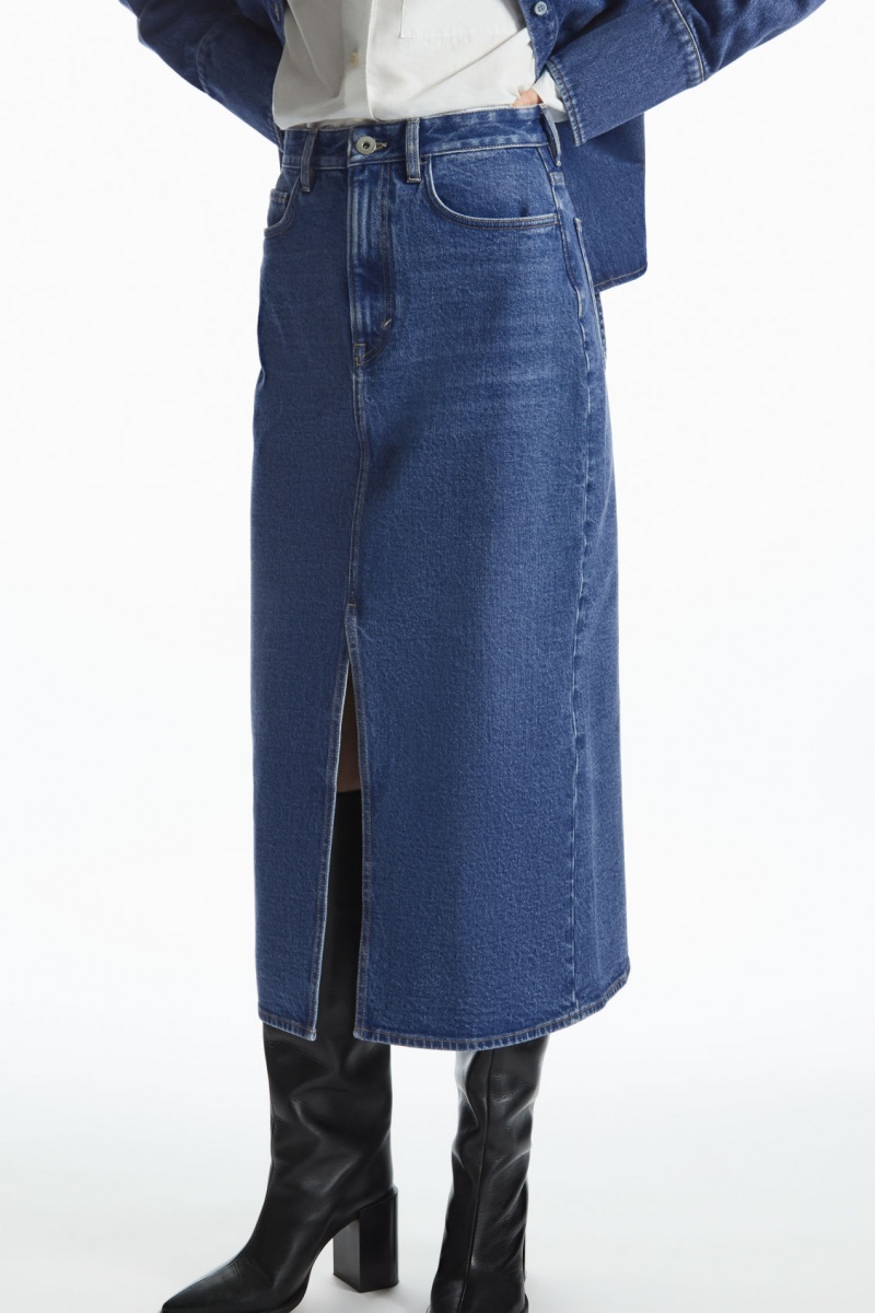 Women's COS Front-Slit Denim Midi Skirt Blue NZ-73OYRLFWJ