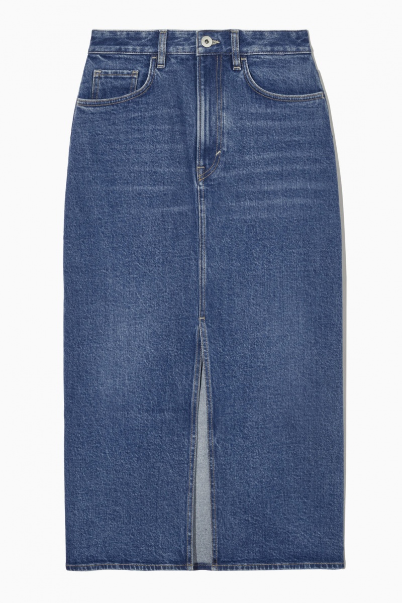 Women's COS Front-Slit Denim Midi Skirt Blue NZ-73OYRLFWJ