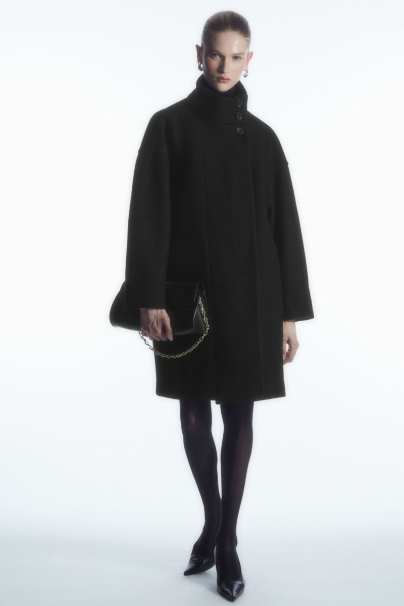 Women's COS Funnel-Neck Boiled-Wool Coats Black NZ-71BWFQORD