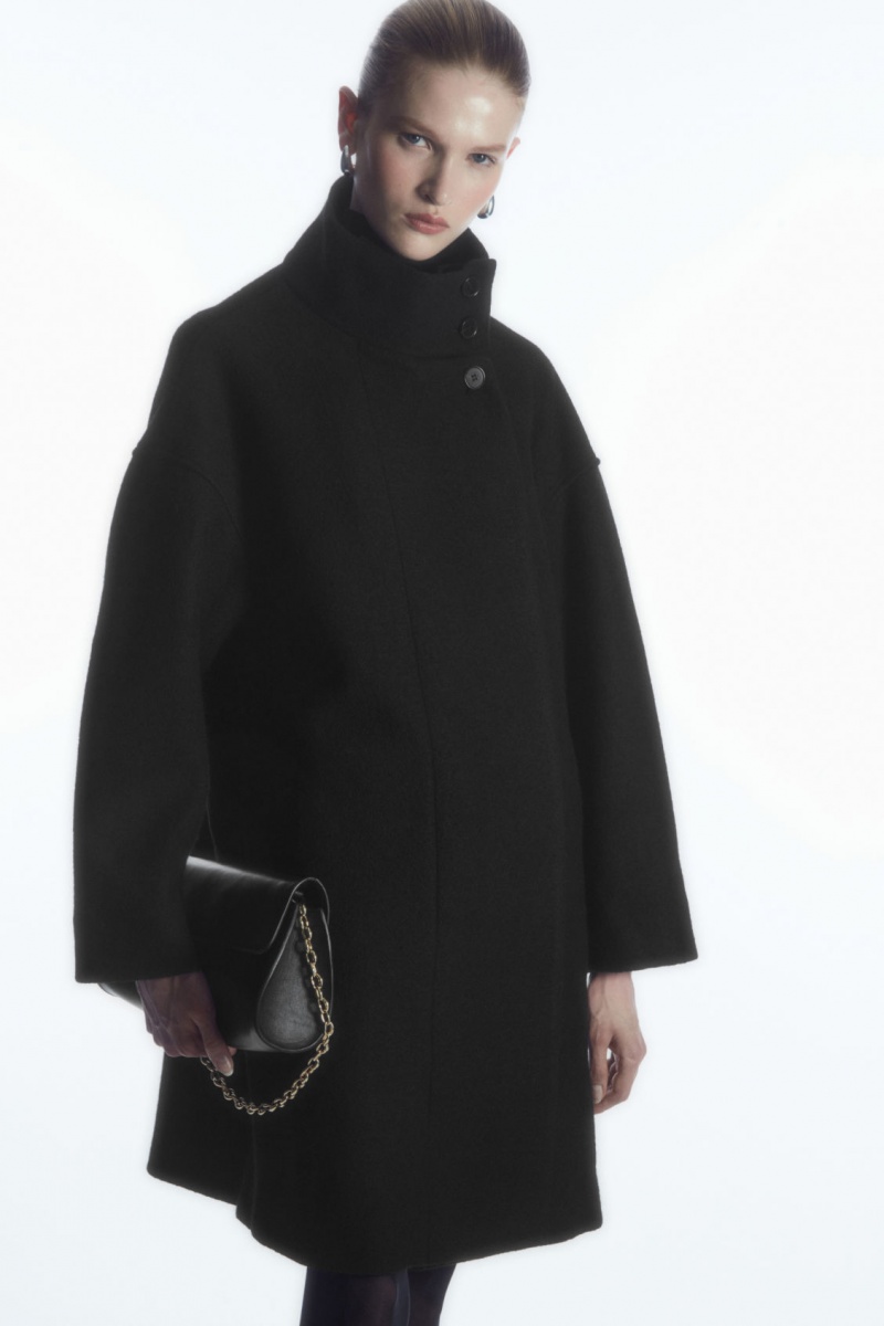 Women's COS Funnel-Neck Boiled-Wool Coats Black NZ-71BWFQORD