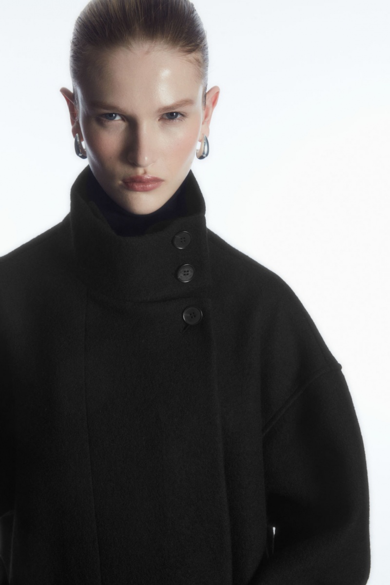 Women's COS Funnel-Neck Boiled-Wool Coats Black NZ-71BWFQORD