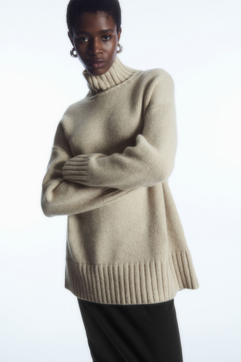 Women's COS Funnel-Neck Pure Cashmere Sweaters Cream NZ-02YSAPJKB