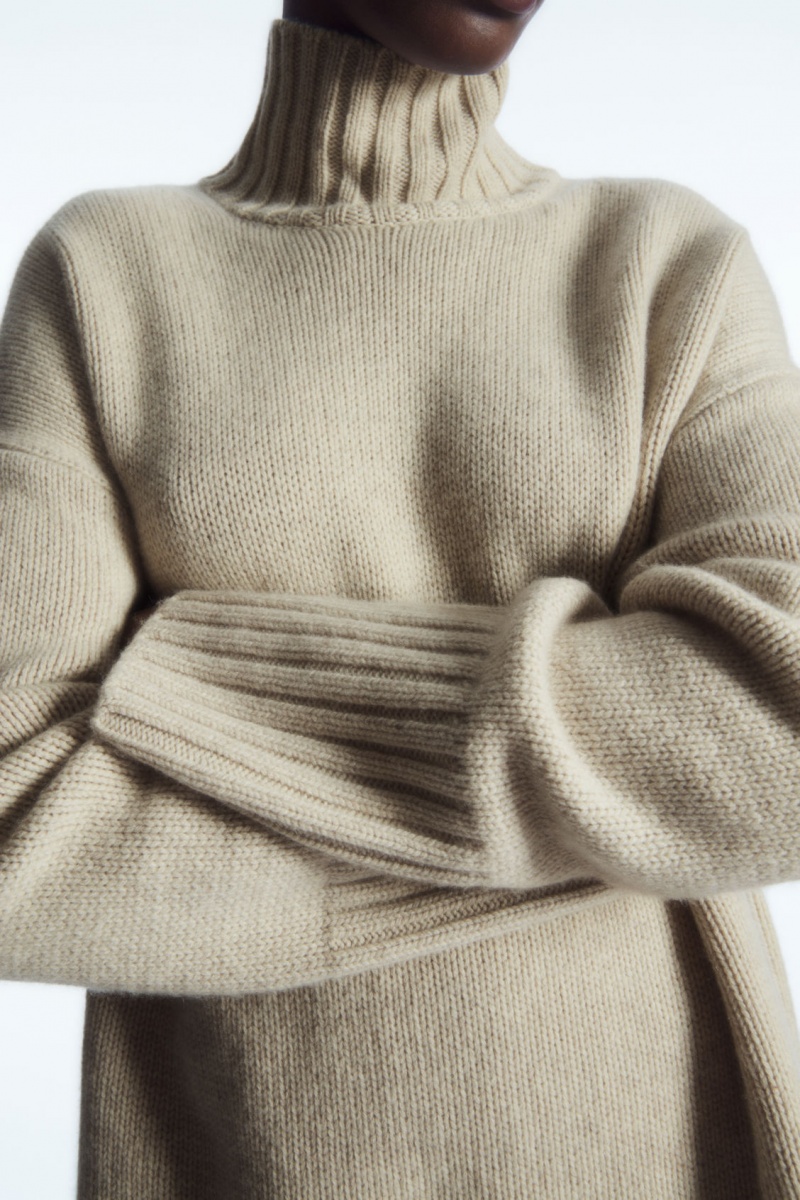Women's COS Funnel-Neck Pure Cashmere Sweaters Cream NZ-02YSAPJKB
