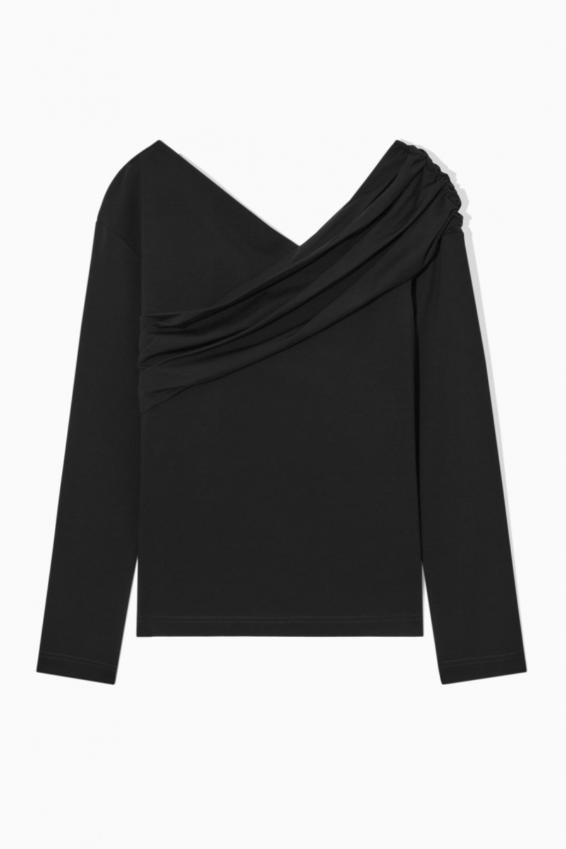 Women's COS Gathered Off-The-Shoulder Asymmetric Tops Black NZ-89OPVNJEM
