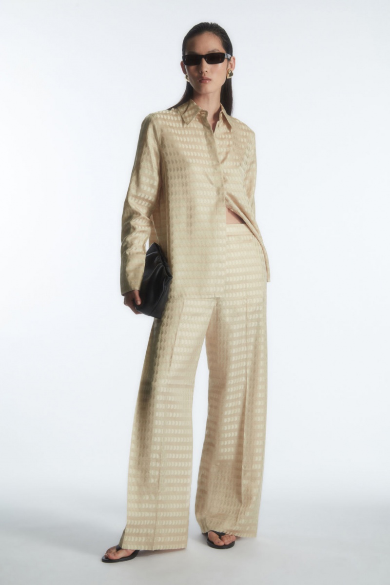 Women\'s COS Geometric-Jacquard Satin Pants Light Beige NZ-97VBCQDFT