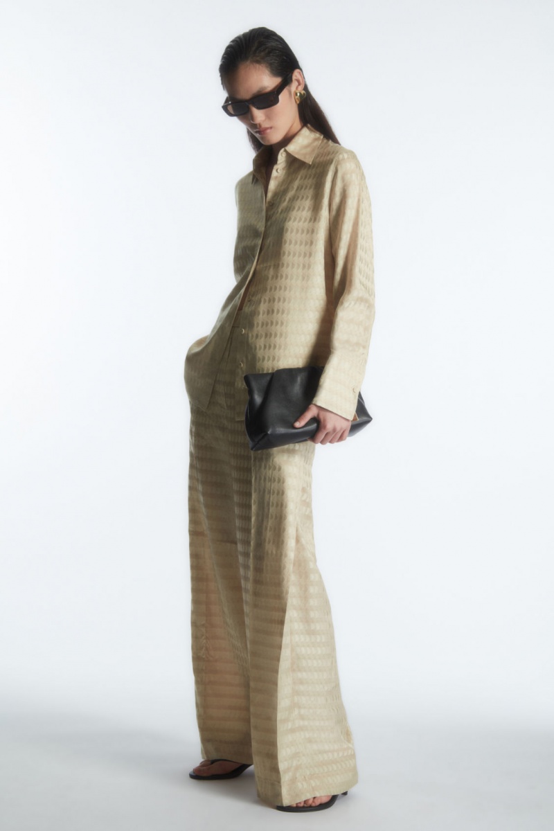 Women's COS Geometric-Jacquard Satin Shirts Light Beige NZ-54QILSUZC