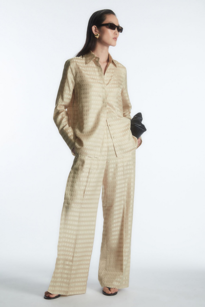 Women's COS Geometric-Jacquard Satin Shirts Light Beige NZ-54QILSUZC