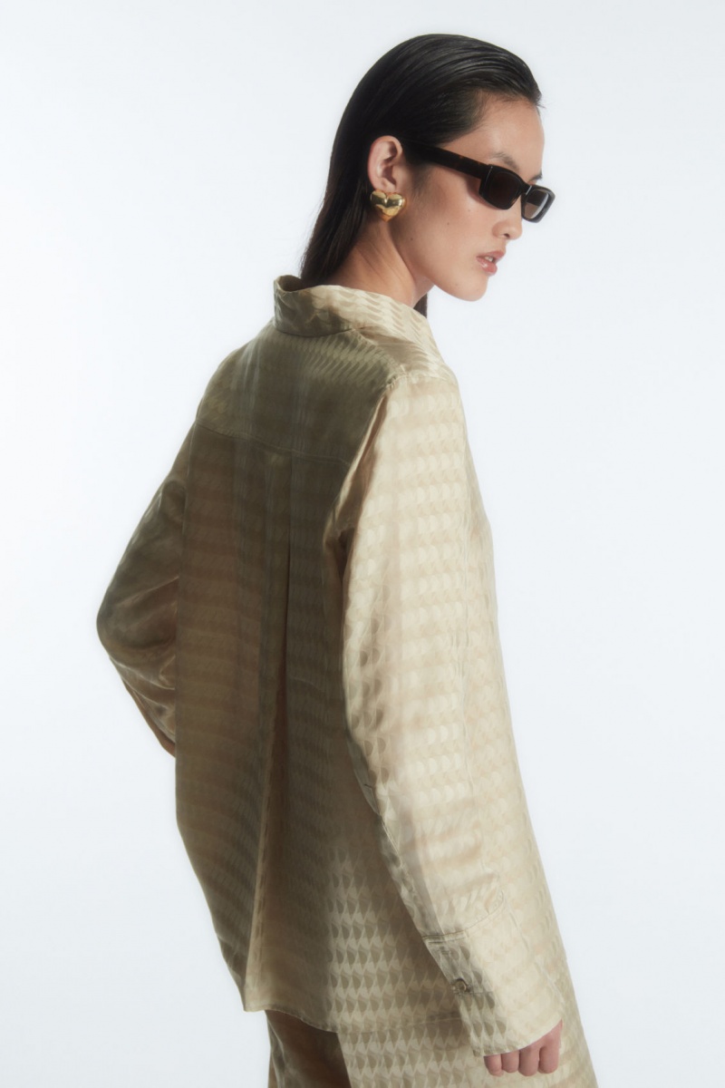 Women's COS Geometric-Jacquard Satin Shirts Light Beige NZ-54QILSUZC