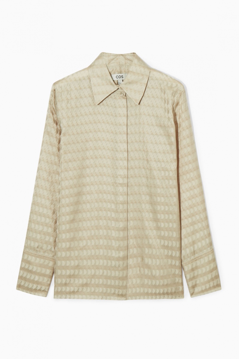 Women's COS Geometric-Jacquard Satin Shirts Light Beige NZ-54QILSUZC